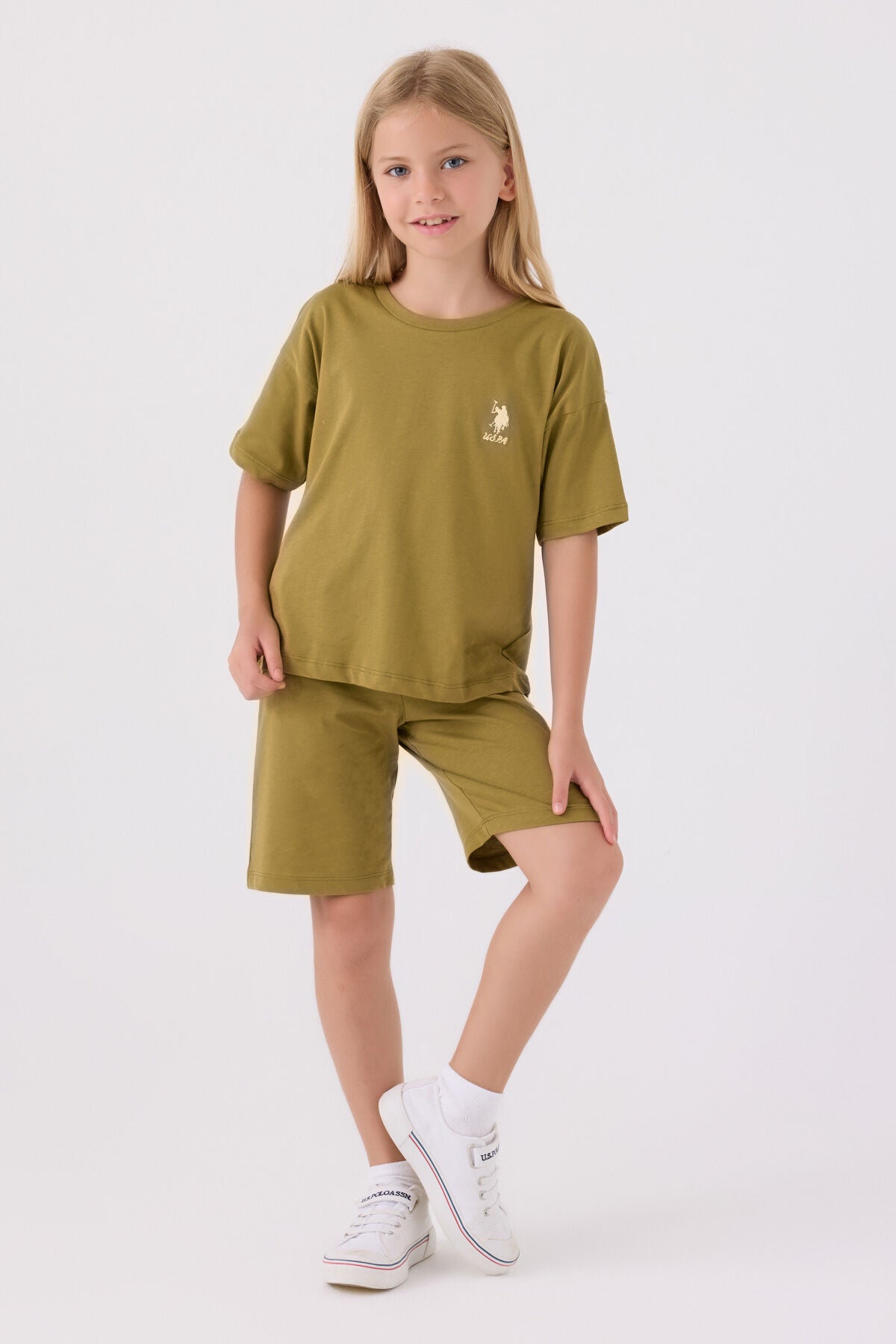 U.S. Polo Assn. Kız Çocuk Bisiklet Yaka Sargı Nakışlı Yazlık Regular Fit Yeşil Bermuda Takım US1848-C-V63 Ürün ana görseli