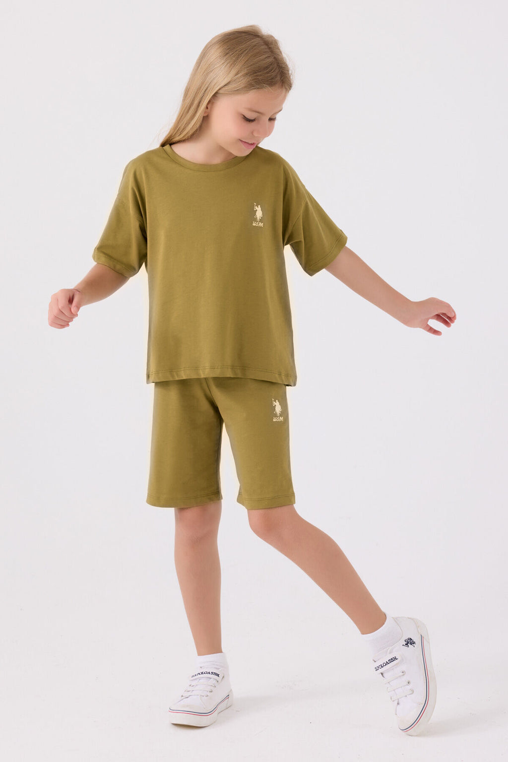 U.S. Polo Assn. Kız Çocuk Bisiklet Yaka Sargı Nakışlı Yazlık Regular Fit Yeşil Bermuda Takım US1848-C-V63