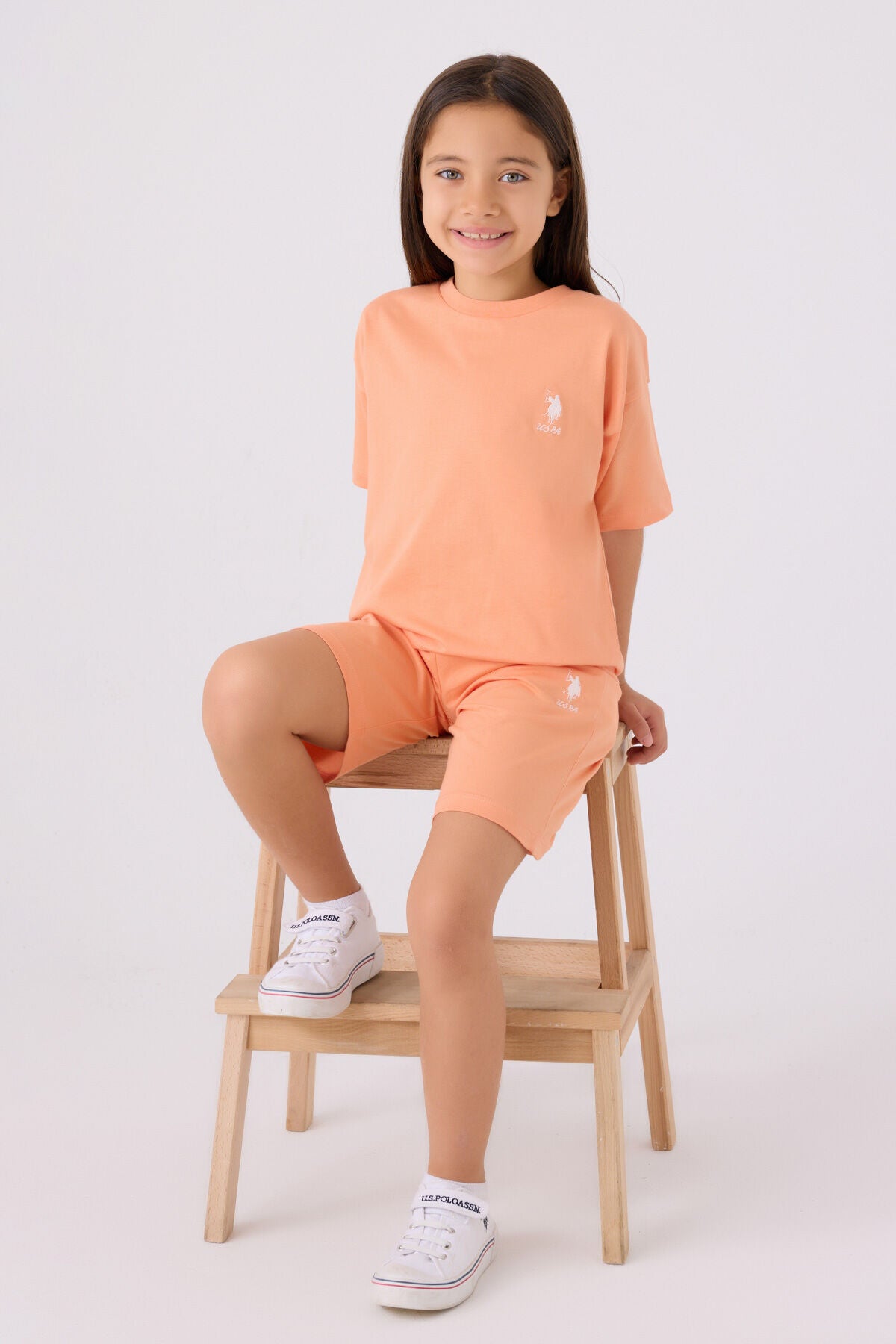 U.S. Polo Assn. Kız Çocuk Bisiklet Yaka Sargı Nakışlı Yazlık Regular Fit Turuncu Bermuda Takım US1848-C-V13