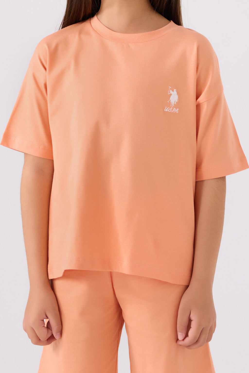 U.S. Polo Assn. Kız Çocuk Bisiklet Yaka Sargı Nakışlı Yazlık Regular Fit Turuncu Bermuda Takım US1848-C-V13