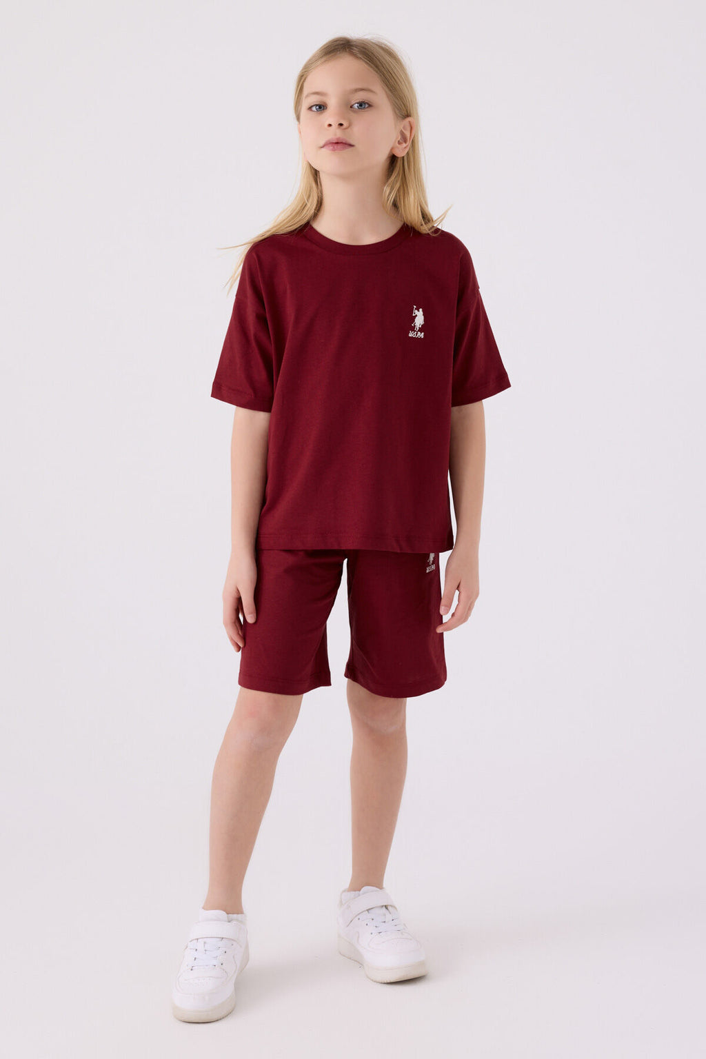 U.S. Polo Assn. Kız Çocuk Bisiklet Yaka Sargı Nakışlı Yazlık Regular Fit Bordo Bermuda Takım US1848-C-V32