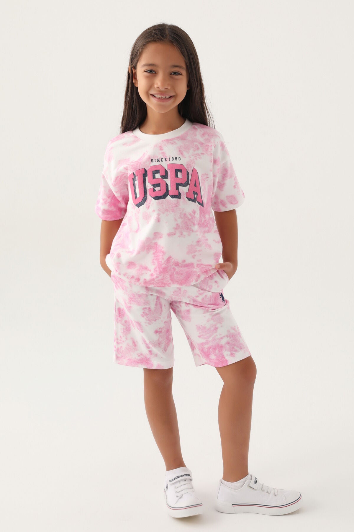 U.S. Polo Assn. Kız Çocuk Bisiklet Yaka Allover Baskılı Yazlık Regular Fit Pembe Bermuda Takım US1819-C-V1 Ürün ana görseli