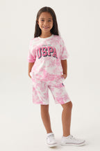 U.S. Polo Assn. Kız Çocuk Bisiklet Yaka Allover Baskılı Yazlık Regular Fit Pembe Bermuda Takım US1819-C-V1
