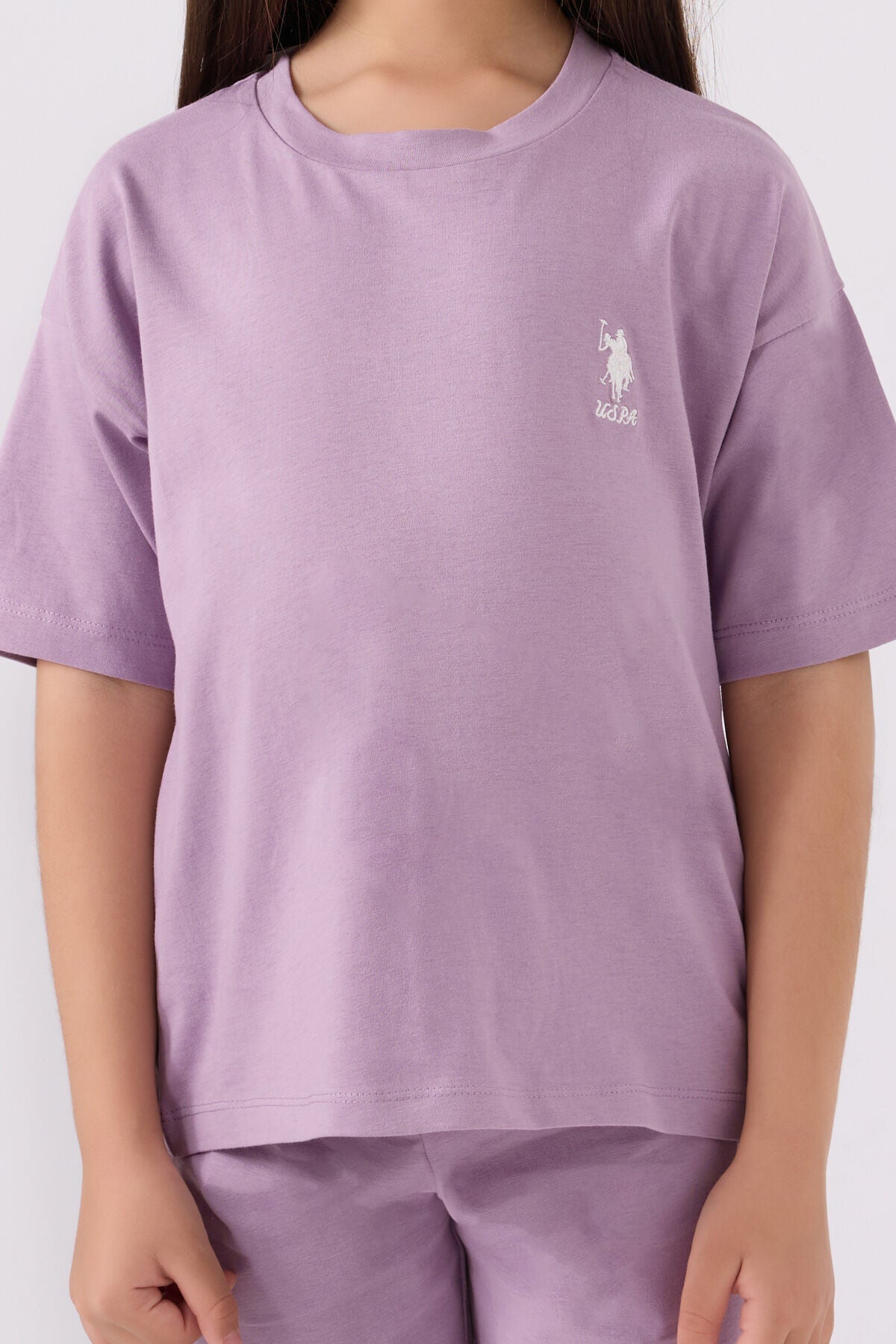 U.S. Polo Assn. Kız Çocuk Bisiklet Yaka Sargı Nakışlı Yazlık Regular Fit Mor Bermuda Takım US1848-C-V60