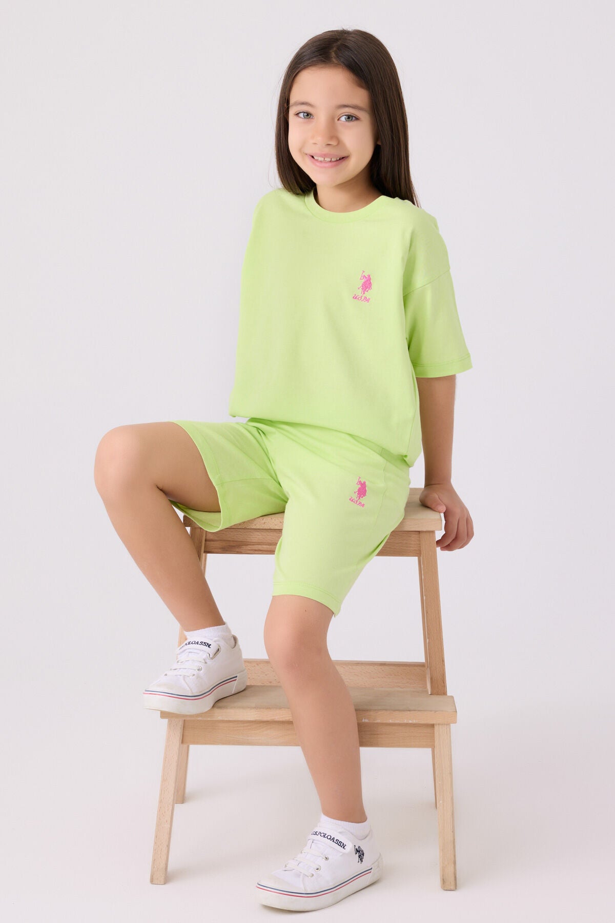 U.S. Polo Assn. Kýz Çocuk Bisiklet Yaka Sargý Nakýþlý Yazlýk Regular Fit Yeþil Bermuda Takým US1848-C-V41