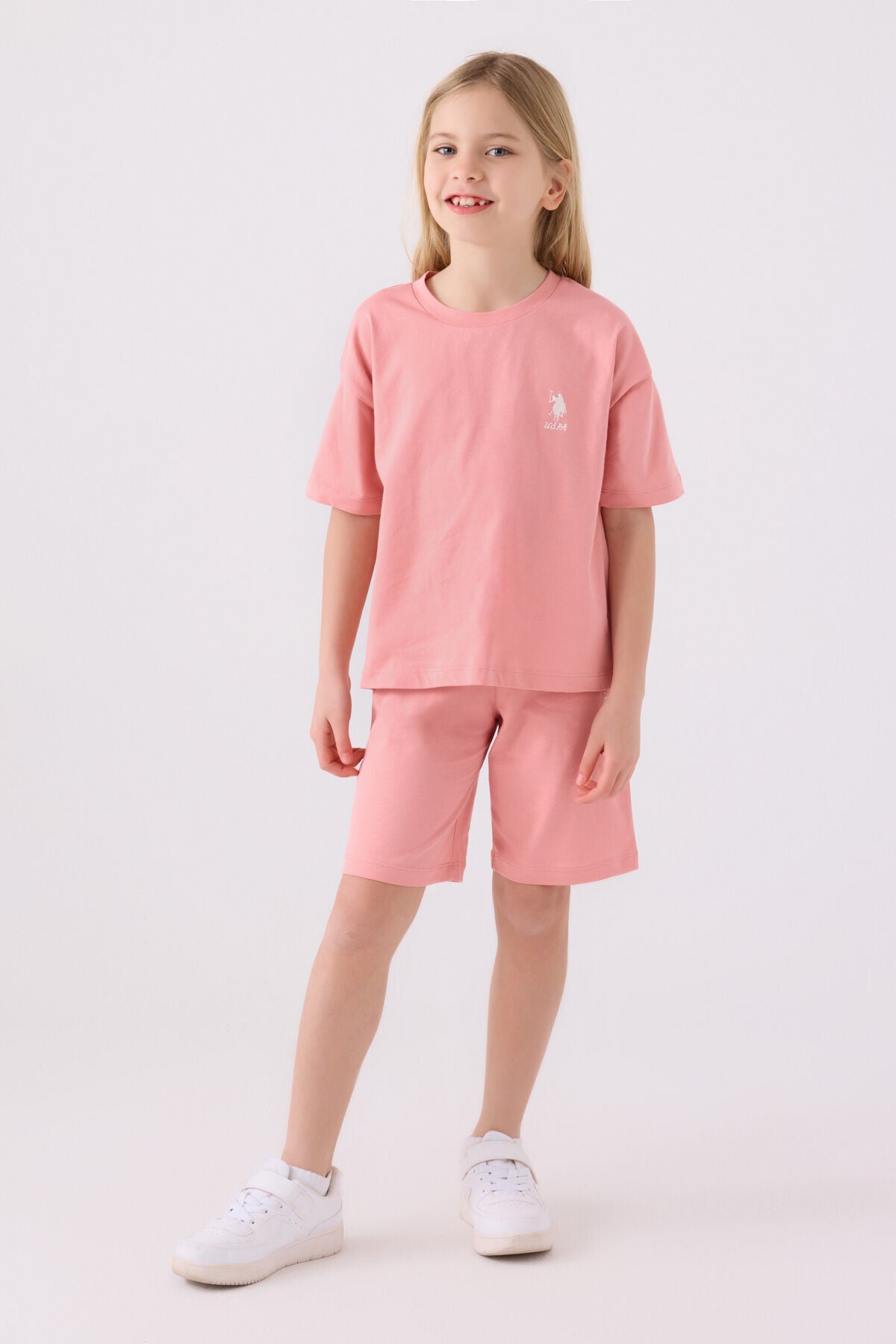 U.S. Polo Assn. Kız Çocuk Bisiklet Yaka Sargı Nakışlı Yazlık Regular Fit Pembe Bermuda Takım US1848-C-V24 Ürün ana görseli