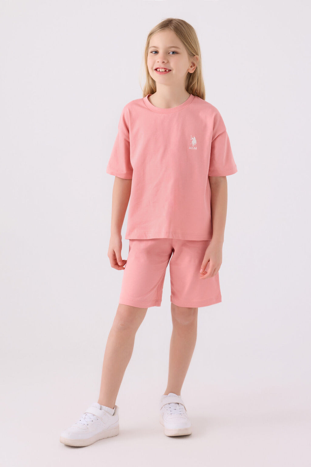 U.S. Polo Assn. Kız Çocuk Bisiklet Yaka Sargı Nakışlı Yazlık Regular Fit Pembe Bermuda Takım US1848-C-V24