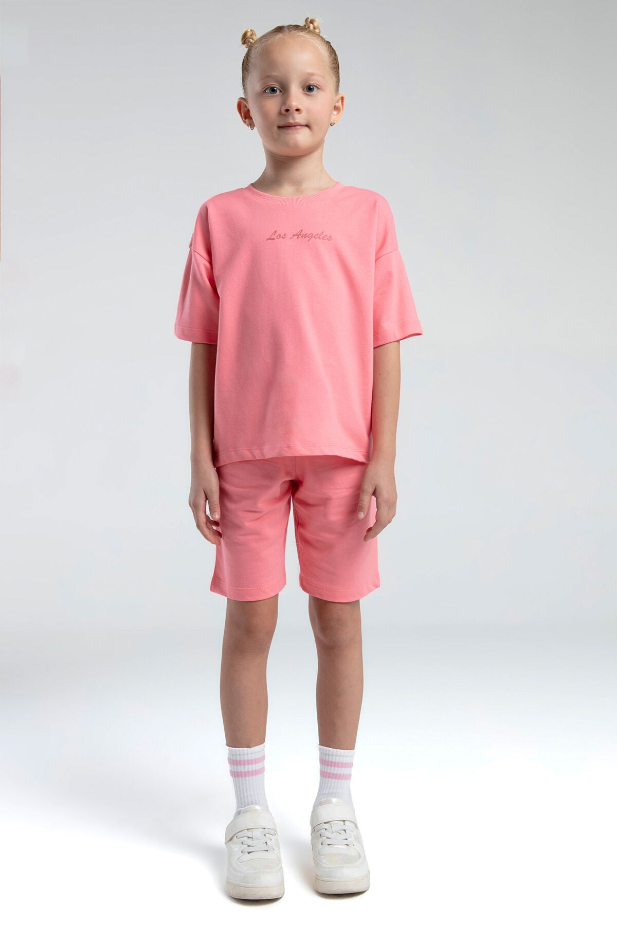 Rolypoly Kız Çocuk Bisiklet Yaka Pigment Baskılı Yazlık Regular Fit Pembe Bermuda Takım RP3590-C-V4 Ürün ana görseli