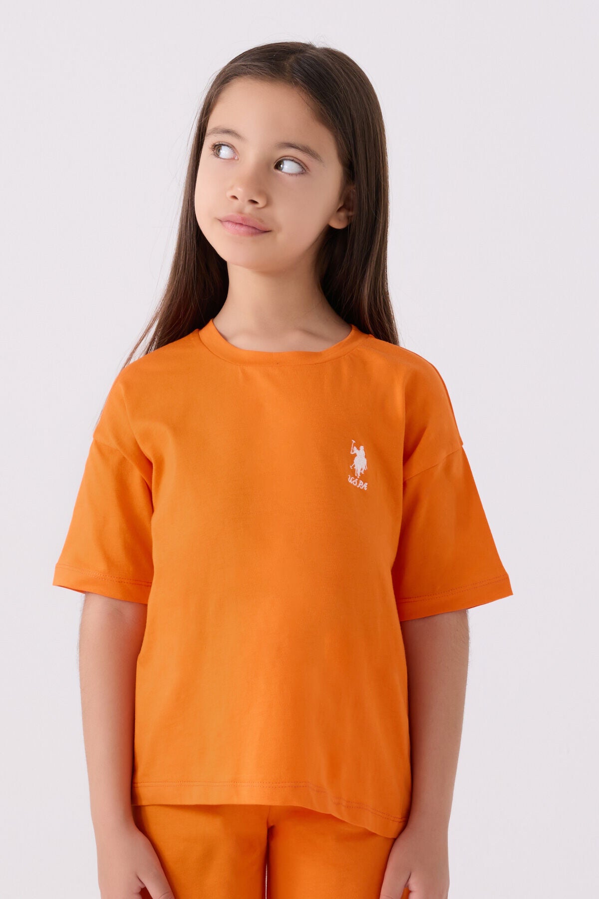 U.S. Polo Assn. Kız Çocuk Bisiklet Yaka Sargı Nakışlı Yazlık Regular Fit Turuncu Bermuda Takım US1848-C-V53