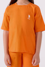 U.S. Polo Assn. Kız Çocuk Bisiklet Yaka Sargı Nakışlı Yazlık Regular Fit Turuncu Bermuda Takım US1848-C-V53