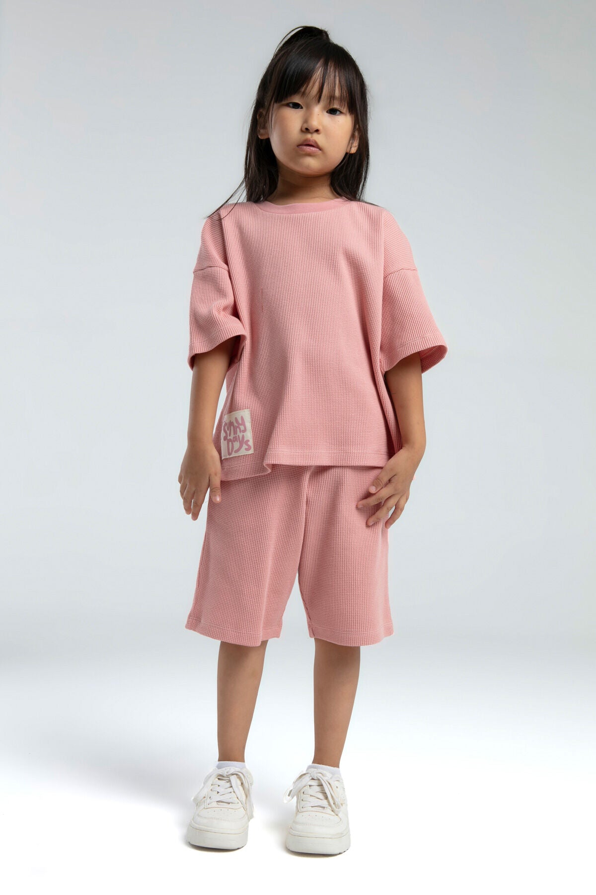 Rolypoly Kız Çocuk Bisiklet Yaka Pigment Baskılı Yazlık Regular Fit Pembe Bermuda Takım RP3628-C-V2 Ürün ana görseli