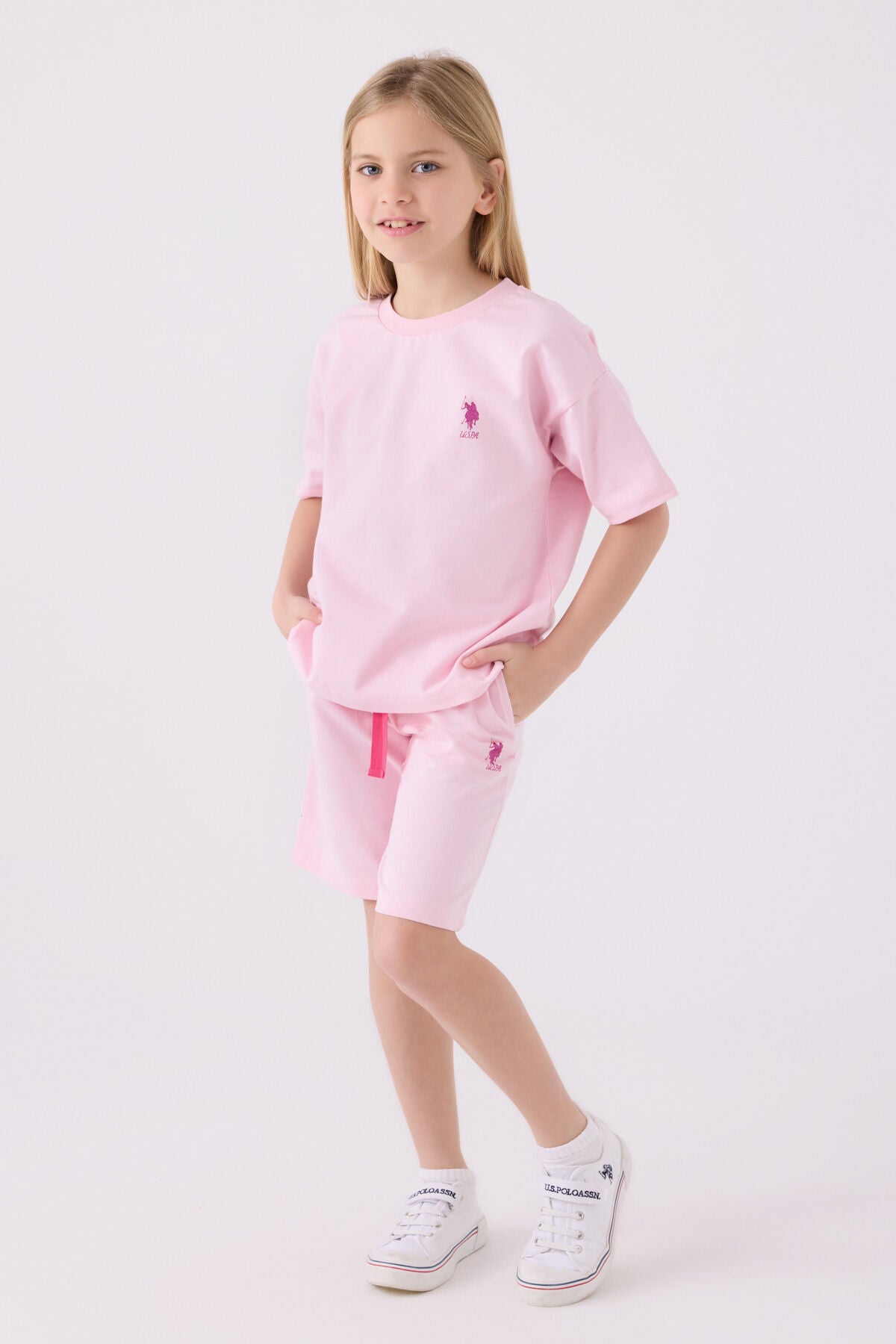 U.S. Polo Assn. Kız Çocuk Bisiklet Yaka Sargı Nakışlı Yazlık Regular Fit Pembe Bermuda Takım US1850-C-V2 Ürün ana görseli