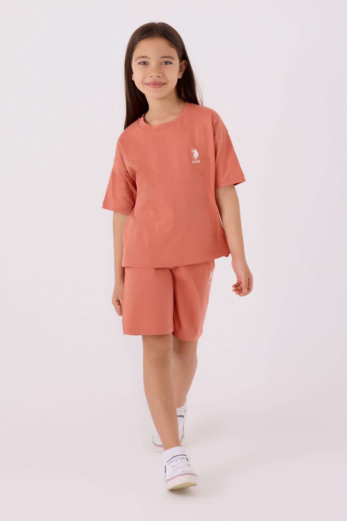 U.S. Polo Assn. Kız Çocuk Bisiklet Yaka Sargı Nakışlı Yazlık Regular Fit Turuncu Bermuda Takım US1848-C-V59