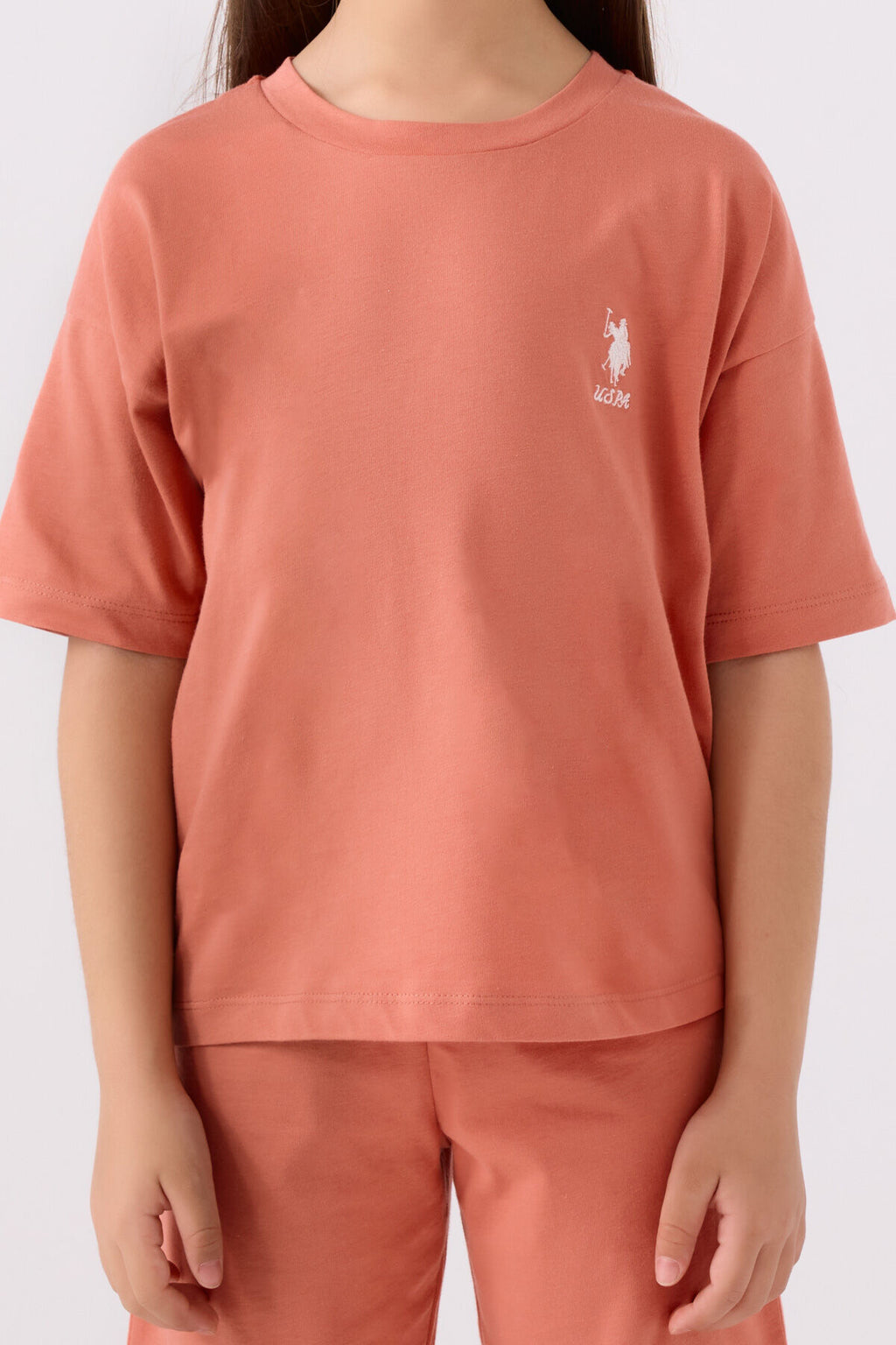 U.S. Polo Assn. Kız Çocuk Bisiklet Yaka Sargı Nakışlı Yazlık Regular Fit Turuncu Bermuda Takım US1848-C-V59