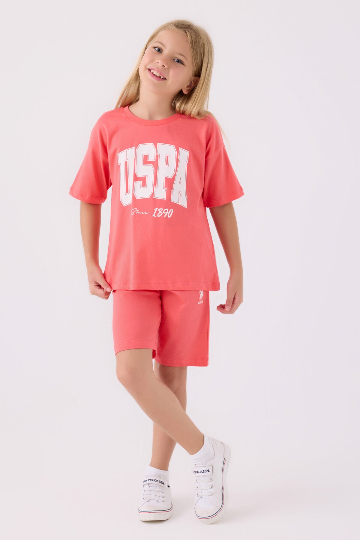 U.S. Polo Assn. Kız Çocuk Bisiklet Yaka Pigment Baskılı Yazlık Regular Fit Pembe Bermuda Takım US1849-C-V7 Ürün ana görseli