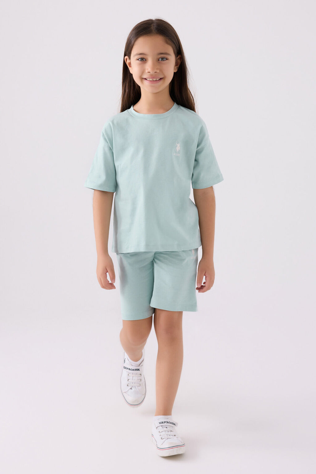 U.S. Polo Assn. Kız Çocuk Bisiklet Yaka Sargı Nakışlı Yazlık Regular Fit Mavi Bermuda Takım US1848-C-V49