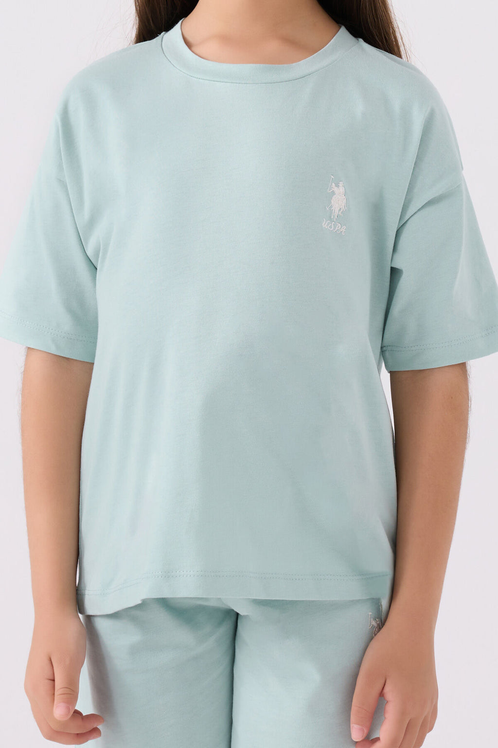 U.S. Polo Assn. Kız Çocuk Bisiklet Yaka Sargı Nakışlı Yazlık Regular Fit Mavi Bermuda Takım US1848-C-V49