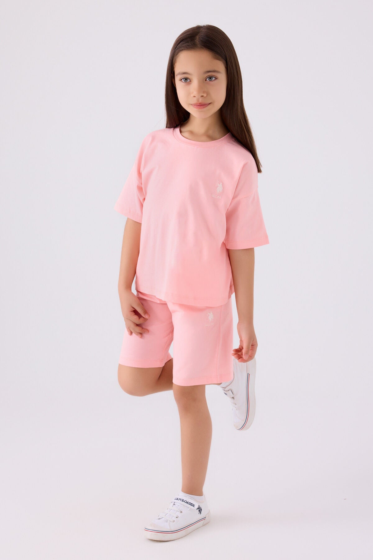 U.S. Polo Assn. Kız Çocuk Bisiklet Yaka Sargı Nakışlı Yazlık Regular Fit Pembe Bermuda Takım US1848-C-V50 Ürün ana görseli