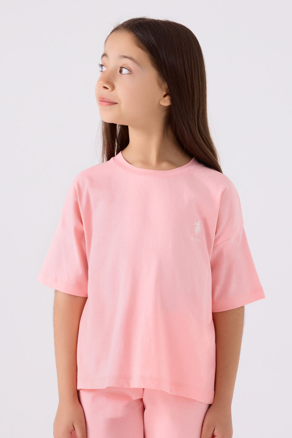 U.S. Polo Assn. Kız Çocuk Bisiklet Yaka Sargı Nakışlı Yazlık Regular Fit Pembe Bermuda Takım US1848-C-V50