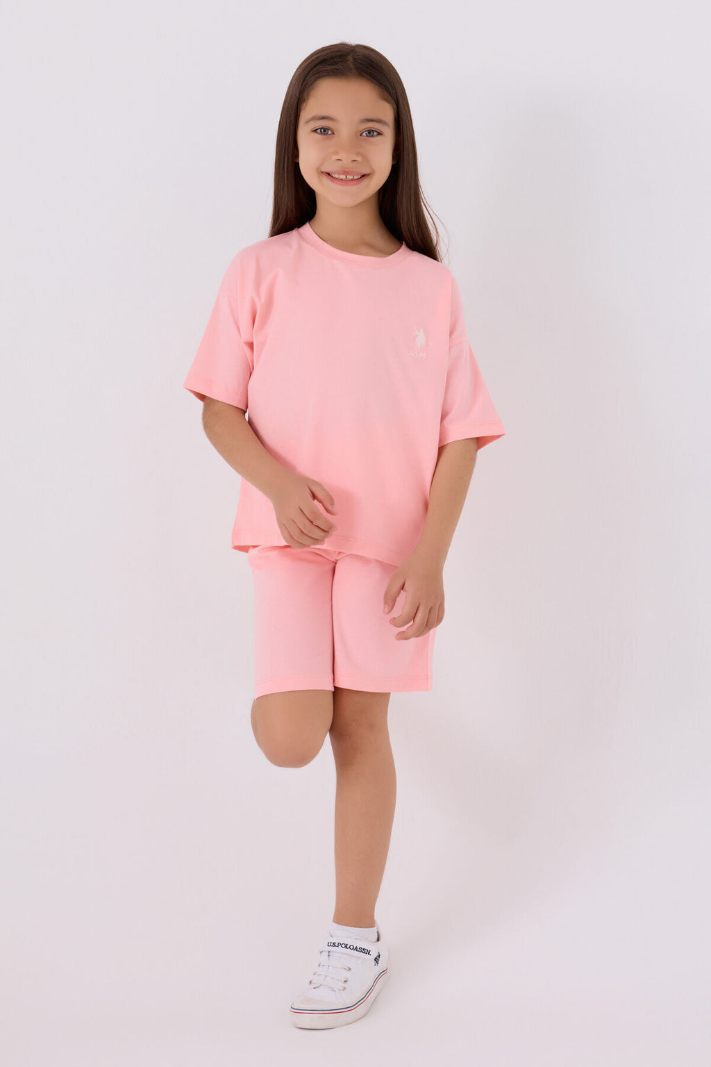 U.S. Polo Assn. Kız Çocuk Bisiklet Yaka Sargı Nakışlı Yazlık Regular Fit Pembe Bermuda Takım US1848-C-V50