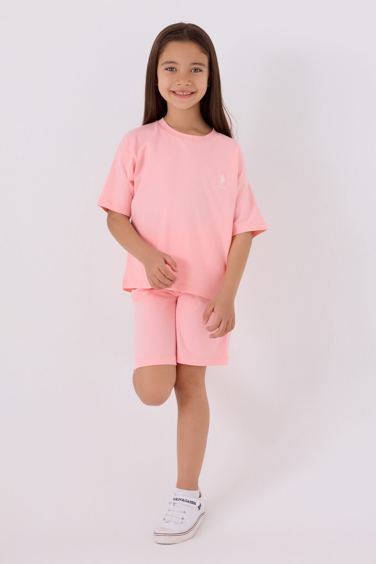 U.S. Polo Assn. Kız Çocuk Bisiklet Yaka Sargı Nakışlı Yazlık Regular Fit Pembe Bermuda Takım US1848-C-V50