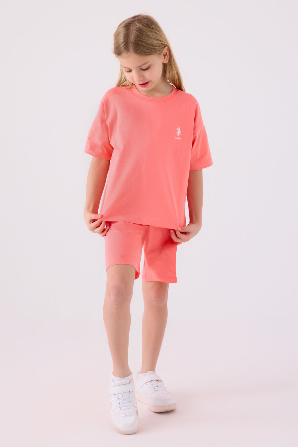 U.S. Polo Assn. Kız Çocuk Bisiklet Yaka Sargı Nakışlı Yazlık Regular Fit Pembe Bermuda Takım US1848-C-V52