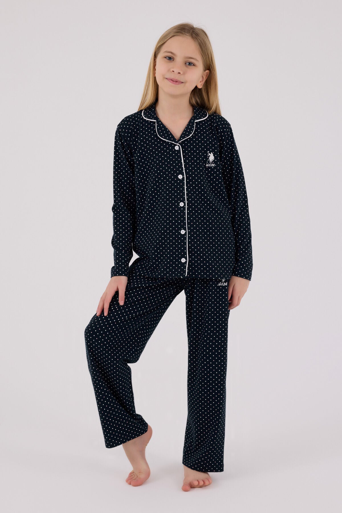 U.S. Polo Assn. Kız Çocuk Bisiklet Yaka Pigment Baskılı Kışlık Regular Fit Lacivert Gömlek Pijama Takım US2327-C-V1 Ürün ikincil görseli