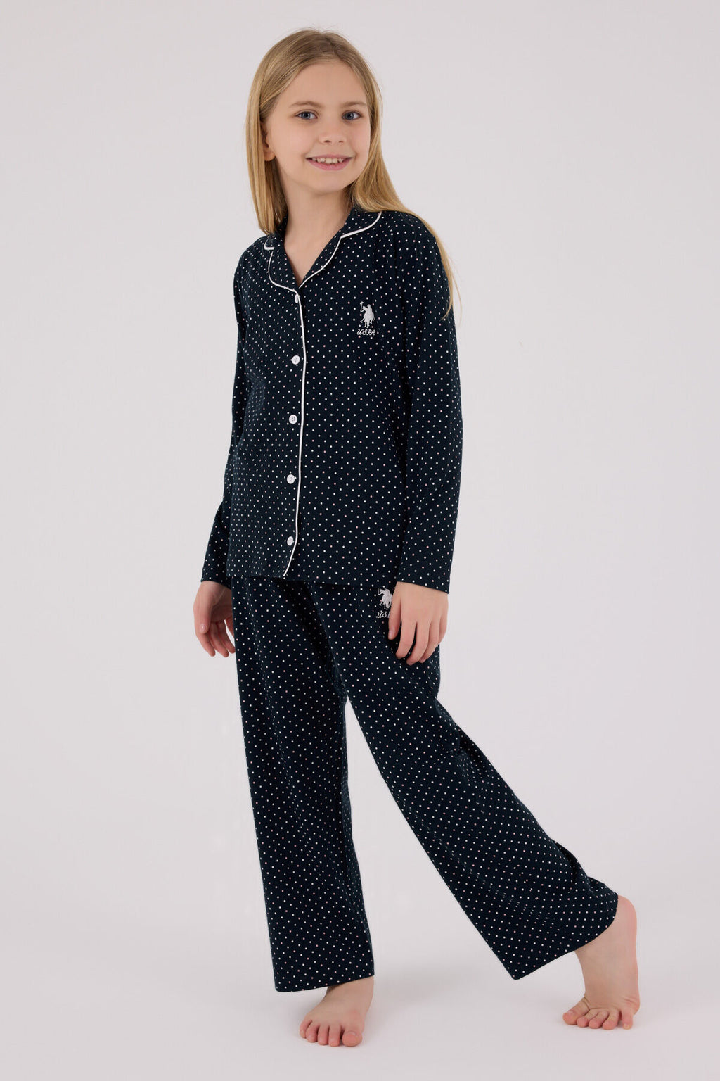 U.S. Polo Assn. Kız Çocuk Bisiklet Yaka Pigment Baskılı Kışlık Regular Fit Lacivert Gömlek Pijama Takım US2327-C-V1