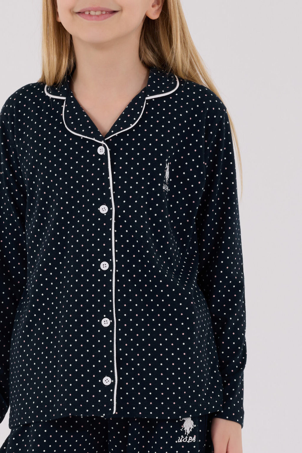 U.S. Polo Assn. Kız Çocuk Bisiklet Yaka Pigment Baskılı Kışlık Regular Fit Lacivert Gömlek Pijama Takım US2327-C-V1