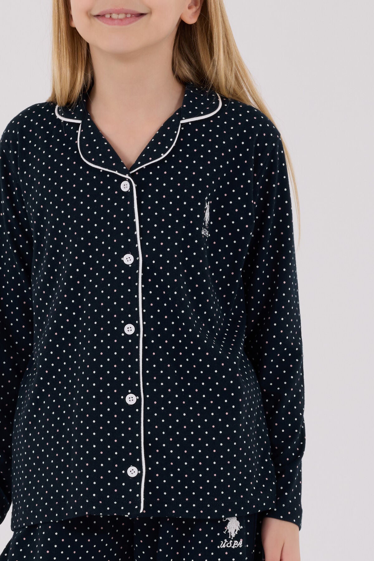 U.S. Polo Assn. Kız Çocuk Bisiklet Yaka Pigment Baskılı Kışlık Regular Fit Lacivert Gömlek Pijama Takım US2327-C-V1
