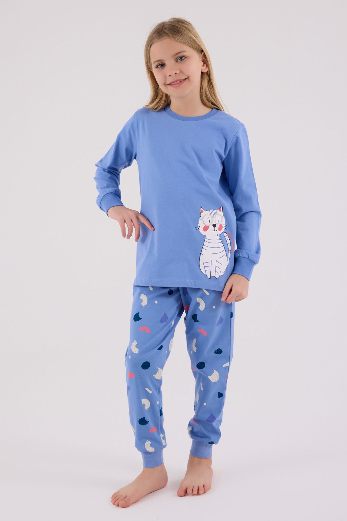 Rolypoly Kız Çocuk Bisiklet Yaka Pigment Baskılı Kışlık Regular Fit Mavi Pijama Takımı RP3697-C-V2 Ürün ana görseli