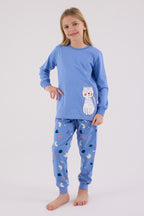 Rolypoly Kız Çocuk Bisiklet Yaka Pigment Baskılı Kışlık Regular Fit Mavi Pijama Takımı RP3697-C-V2