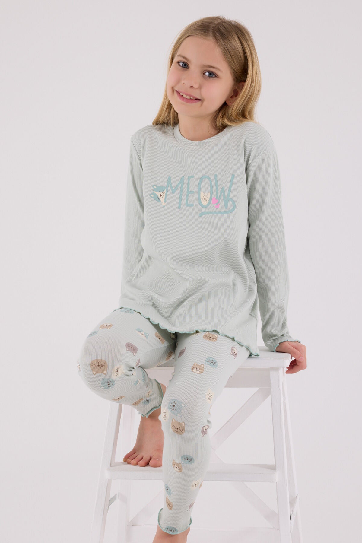 Rolypoly Kız Çocuk Bisiklet Yaka Pigment Baskılı Kışlık Regular Fit Yeşil Pijama Takımı RP3700-C-V1