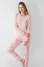 Rolypoly Kadın Bisiklet Yaka Pigment Baskılı Kışlık Regular Fit Pembe Pijama Takımı RP3703-S-V2