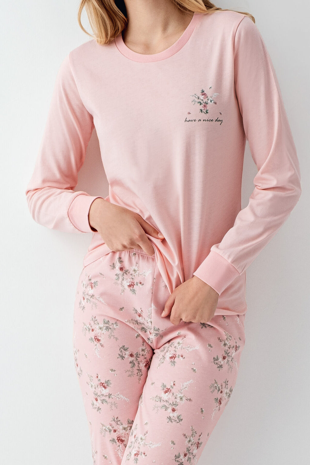 Rolypoly Kadın Bisiklet Yaka Pigment Baskılı Kışlık Regular Fit Pembe Pijama Takımı RP3703-S-V2