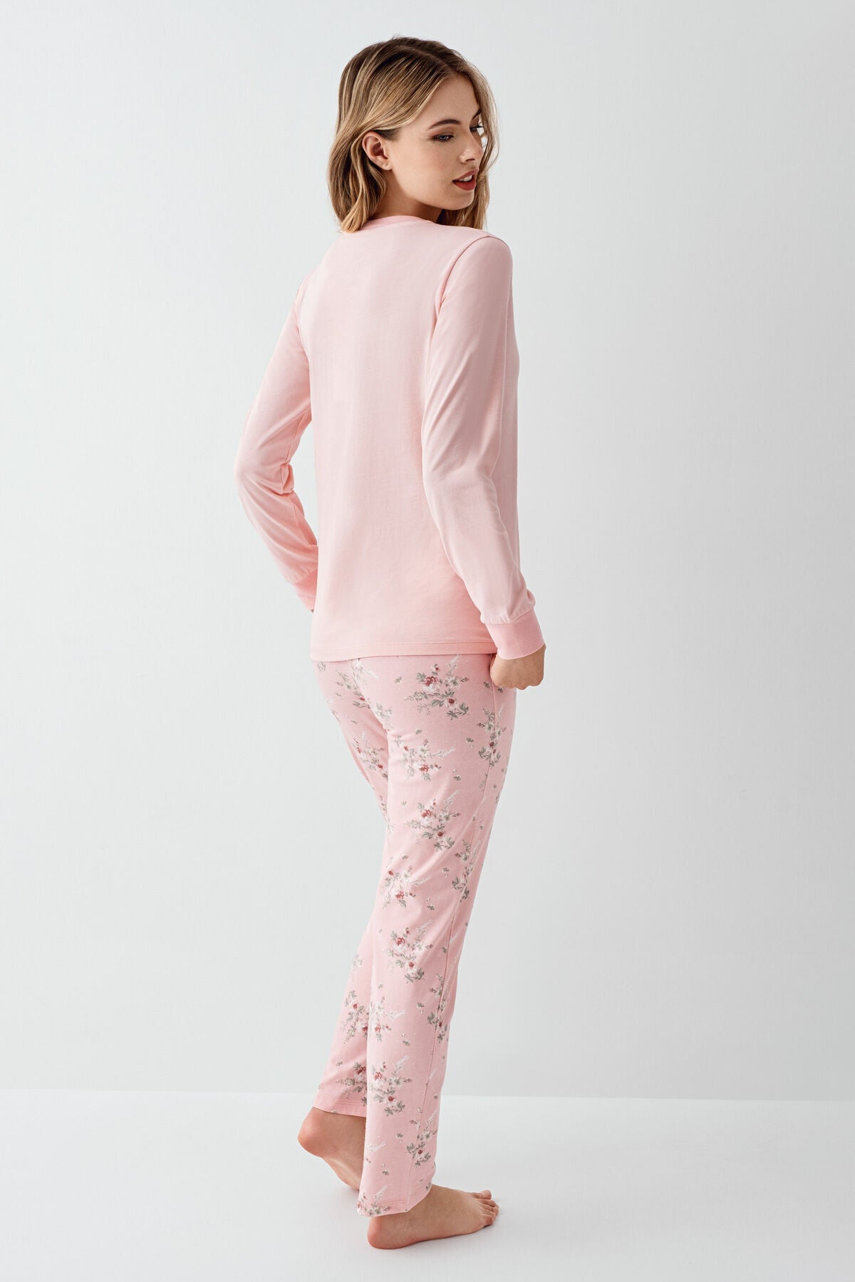 Rolypoly Kadın Bisiklet Yaka Pigment Baskılı Kışlık Regular Fit Pembe Pijama Takımı RP3703-S-V2