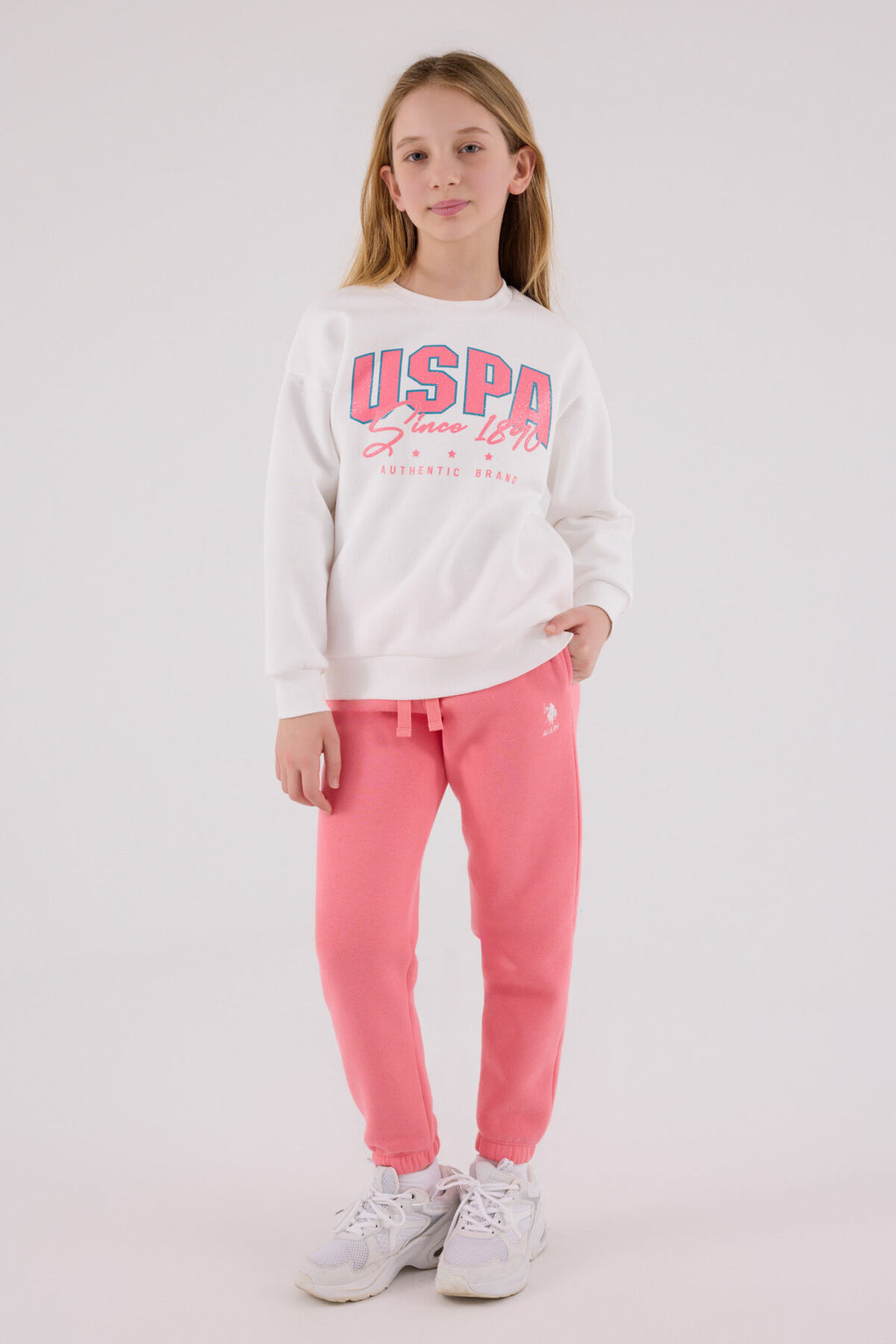 U.S. Polo Assn. Kýz Çocuk Bisiklet Yaka Pigment Baskýlý Kýþlýk Regular Fit Beyaz Eþofman Takýmý US2315-C-V1