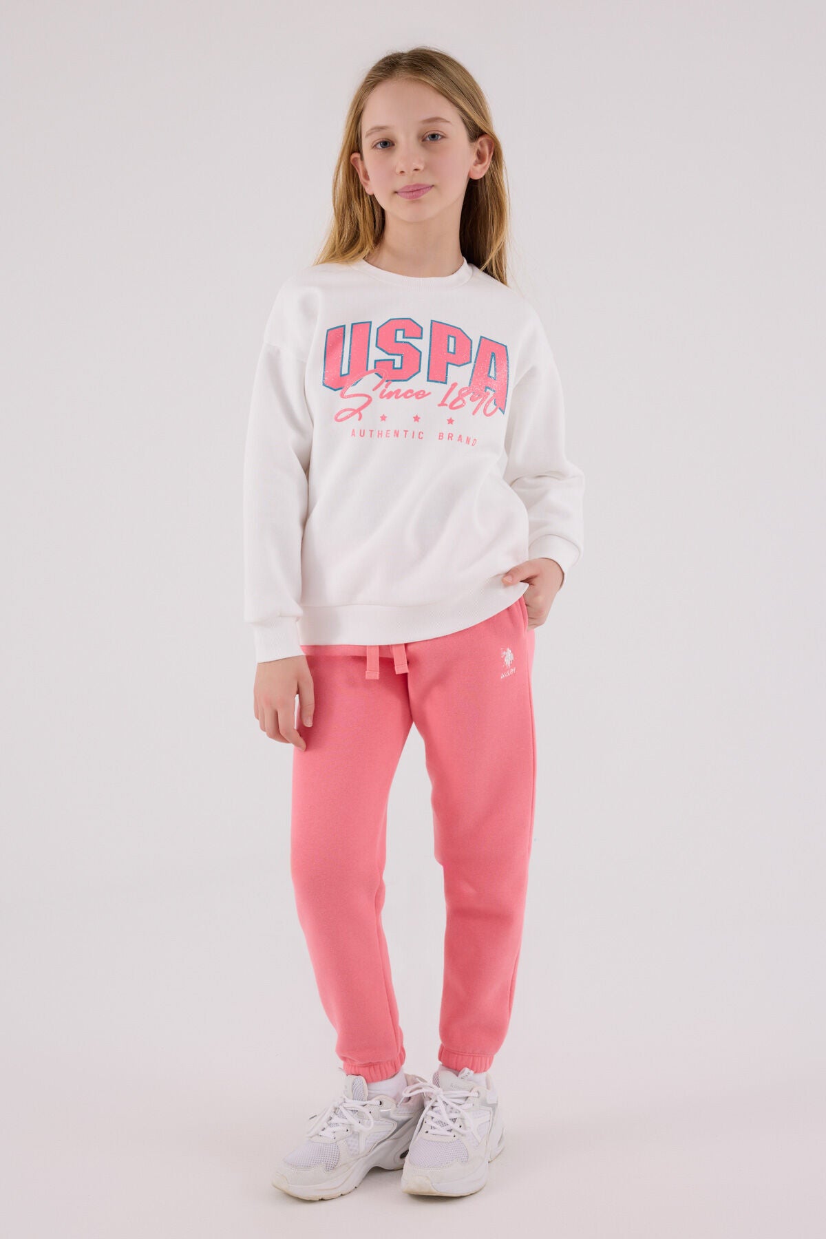U.S. Polo Assn. Kýz Çocuk Bisiklet Yaka Pigment Baskýlý Kýþlýk Regular Fit Beyaz Eþofman Takýmý US2315-C-V1