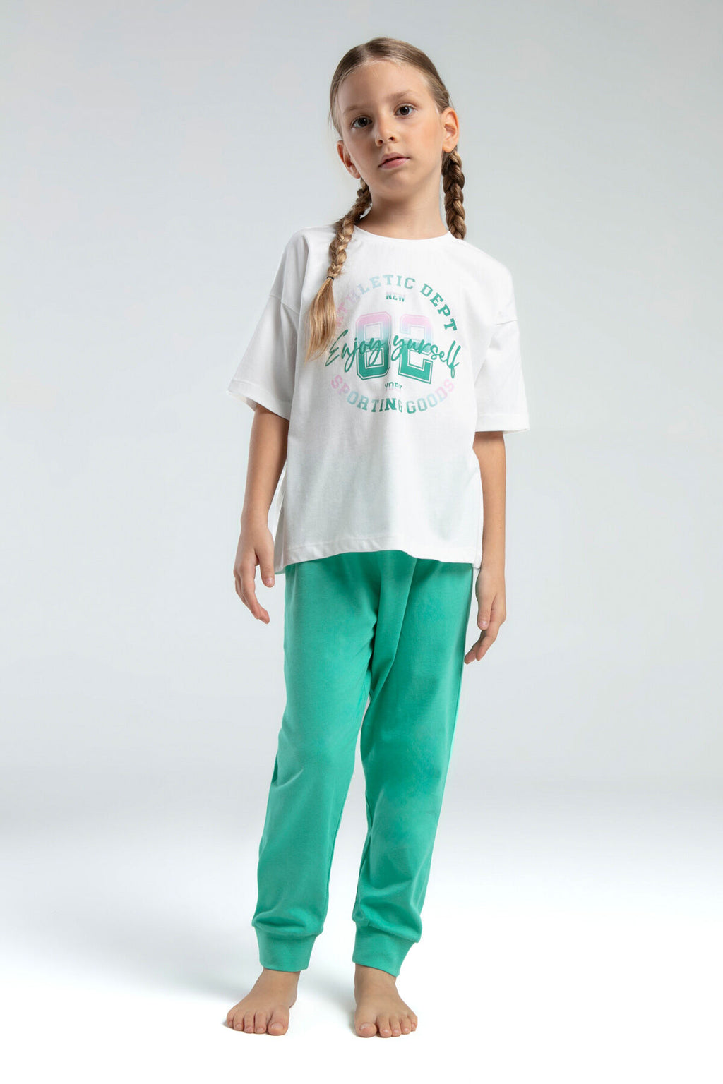 Rolypoly Kız Çocuk Bisiklet Yaka Pigment Baskılı Yazlık Regular Fit Yeşil Pijama Takımı RP3614-C-V2