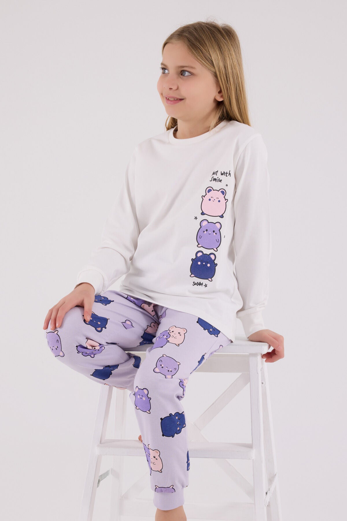 Rolypoly Kız Çocuk Kışlık Regular Fit Beyaz Pijama Takımı RP3704-C-V2 Ürün ana görseli