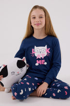 Rolypoly Kız Çocuk Bisiklet Yaka Pigment Baskılı Kışlık Regular Fit Mavi Pijama Takımı RP3696-C-V1