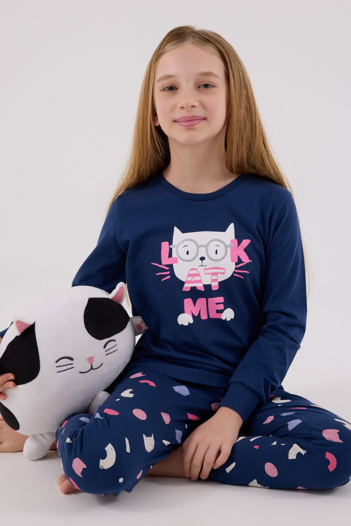 Rolypoly Kız Çocuk Bisiklet Yaka Pigment Baskılı Kışlık Regular Fit Mavi Pijama Takımı RP3696-C-V1