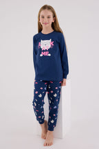 Rolypoly Kız Çocuk Bisiklet Yaka Pigment Baskılı Kışlık Regular Fit Mavi Pijama Takımı RP3696-C-V1