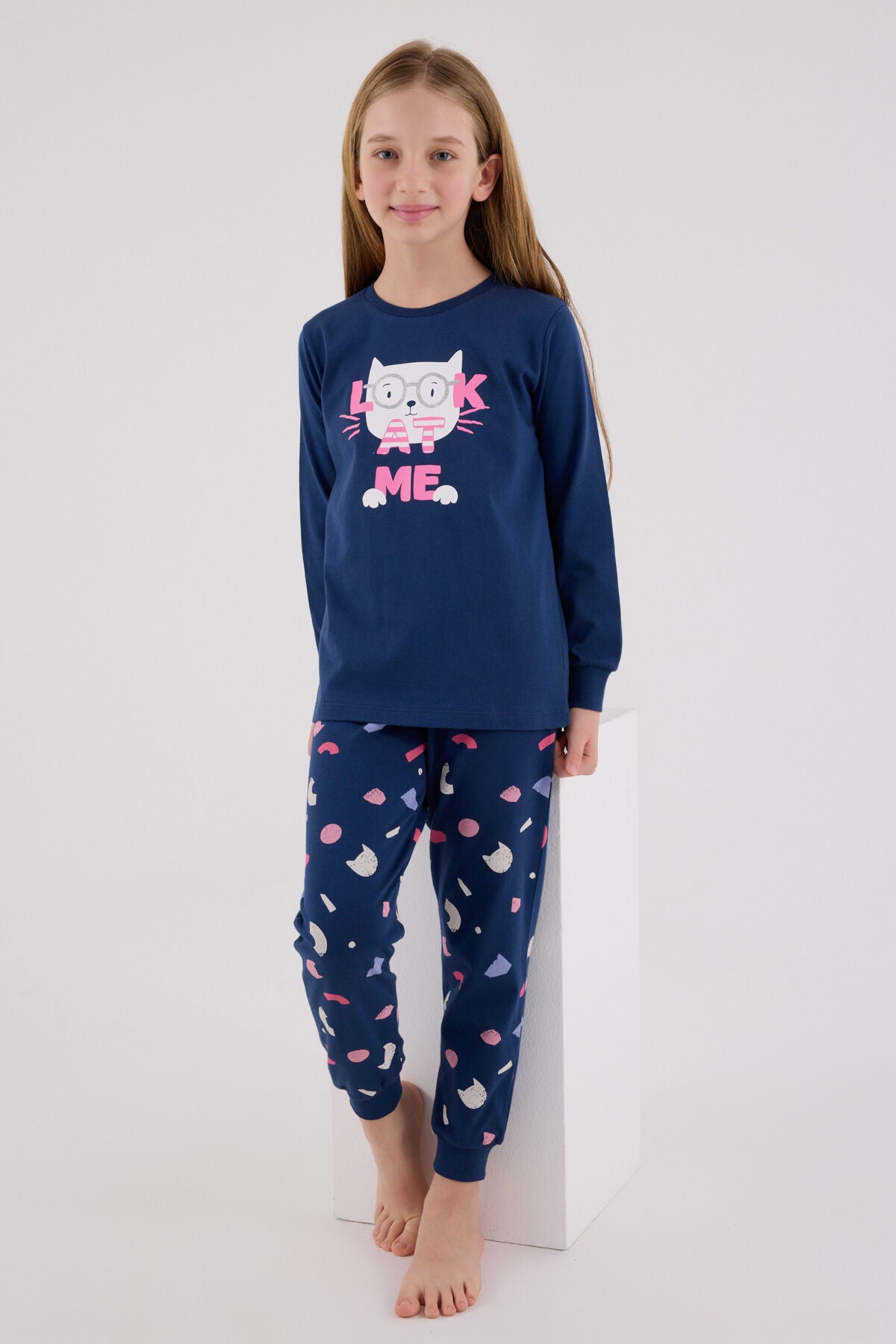 Rolypoly Kız Çocuk Bisiklet Yaka Pigment Baskılı Kışlık Regular Fit Mavi Pijama Takımı RP3696-C-V1