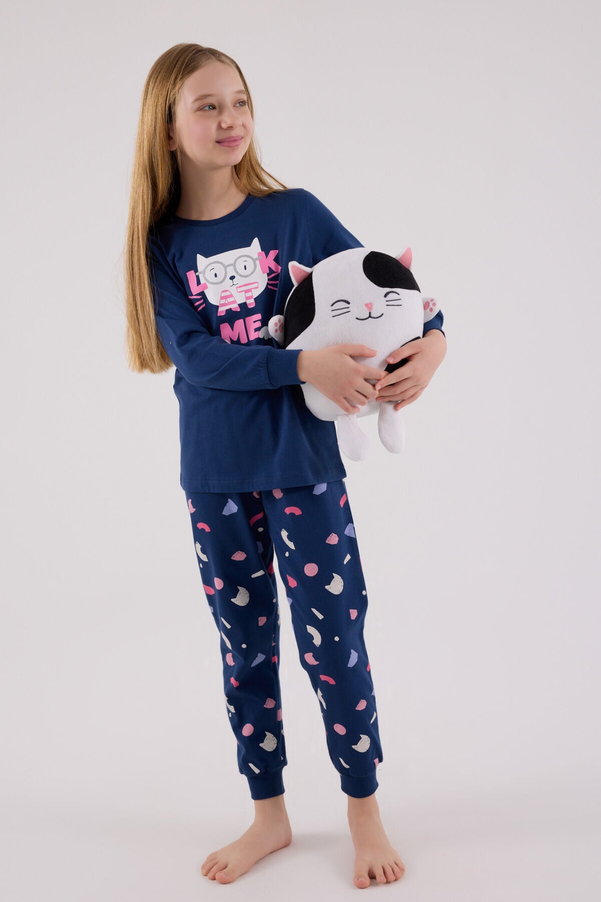 Rolypoly Kız Çocuk Bisiklet Yaka Pigment Baskılı Kışlık Regular Fit Mavi Pijama Takımı RP3696-C-V1