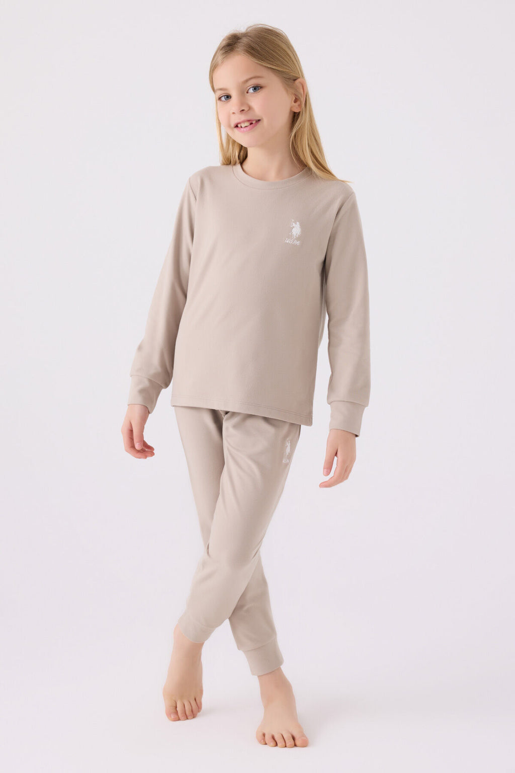 U.S. Polo Assn. Kız Çocuk Bisiklet Yaka Pigment Baskılı Kışlık Regular Fit Krem Pijama Takımı US1669-C-V1