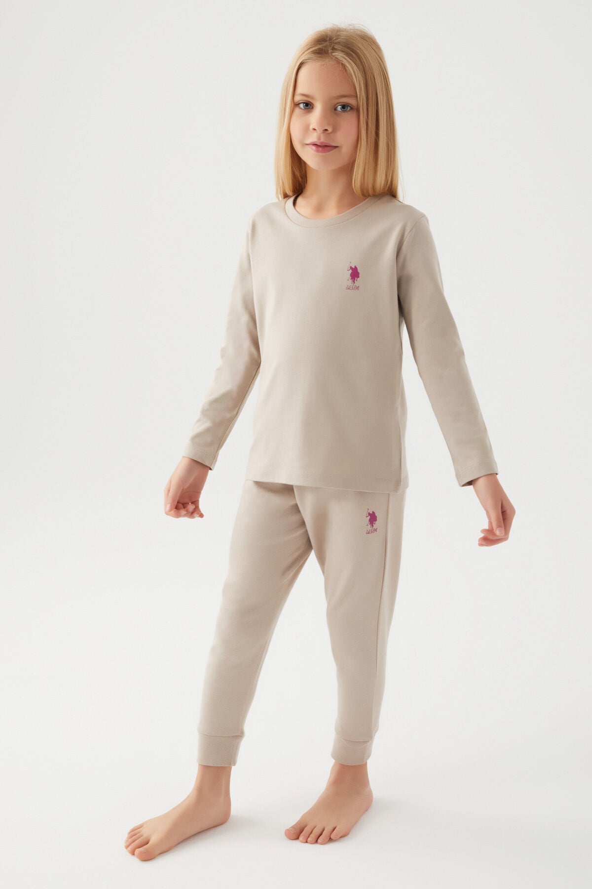 U.S. Polo Assn. Kız Çocuk Bisiklet Yaka Pigment Baskılı Kışlık Regular Fit Krem Pijama Takımı US1665-C-V6