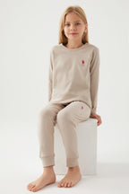 U.S. Polo Assn. Kız Çocuk Bisiklet Yaka Pigment Baskılı Kışlık Regular Fit Krem Pijama Takımı US1665-C-V6