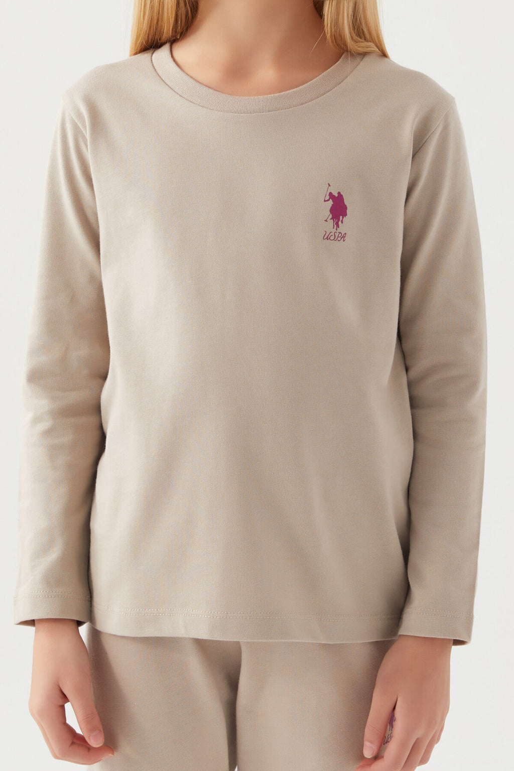 U.S. Polo Assn. Kız Çocuk Bisiklet Yaka Pigment Baskılı Kışlık Regular Fit Krem Pijama Takımı US1665-C-V6