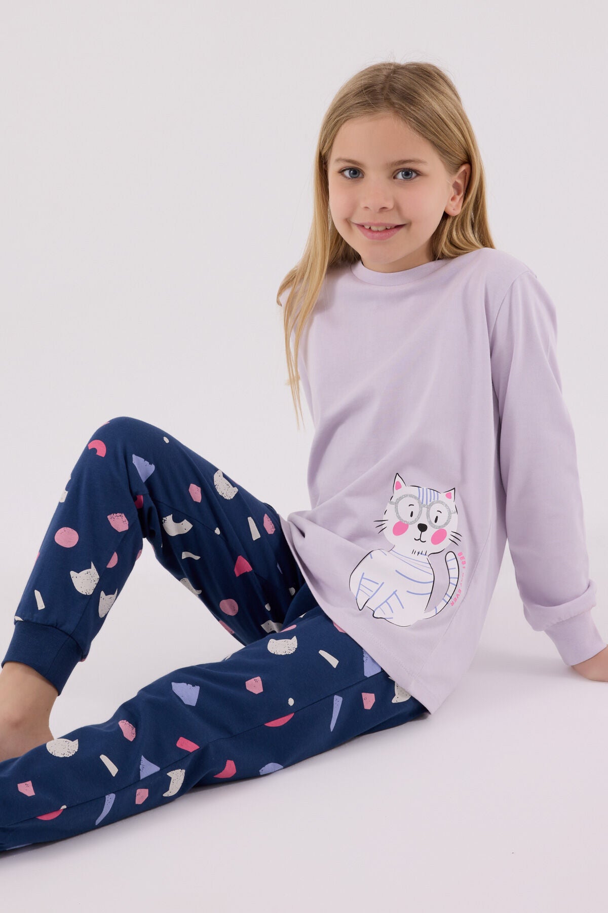 Rolypoly Kız Çocuk Bisiklet Yaka Pigment Baskılı Kışlık Regular Fit Mor Pijama Takımı RP3697-C-V1 Ürün ana görseli